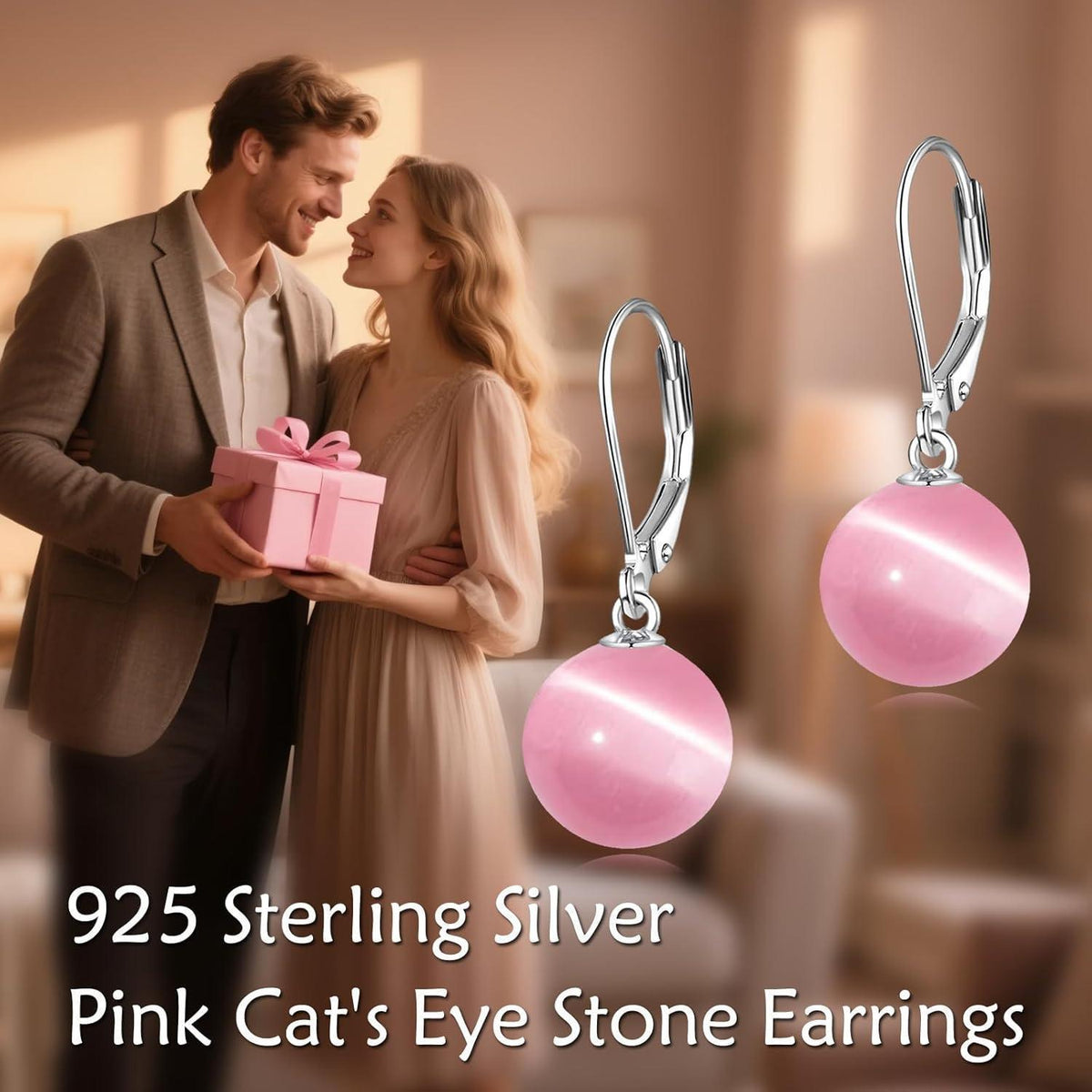 Perlen Ohrringe Sterling Silber Hängend Rosa Katzenauge
