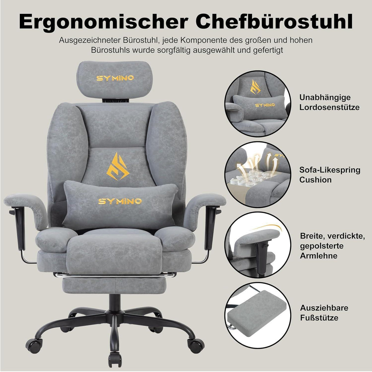 Gaming Stuhl mit Fußstütze, ergonomisch, Vintage-PU-Leder, Grau
