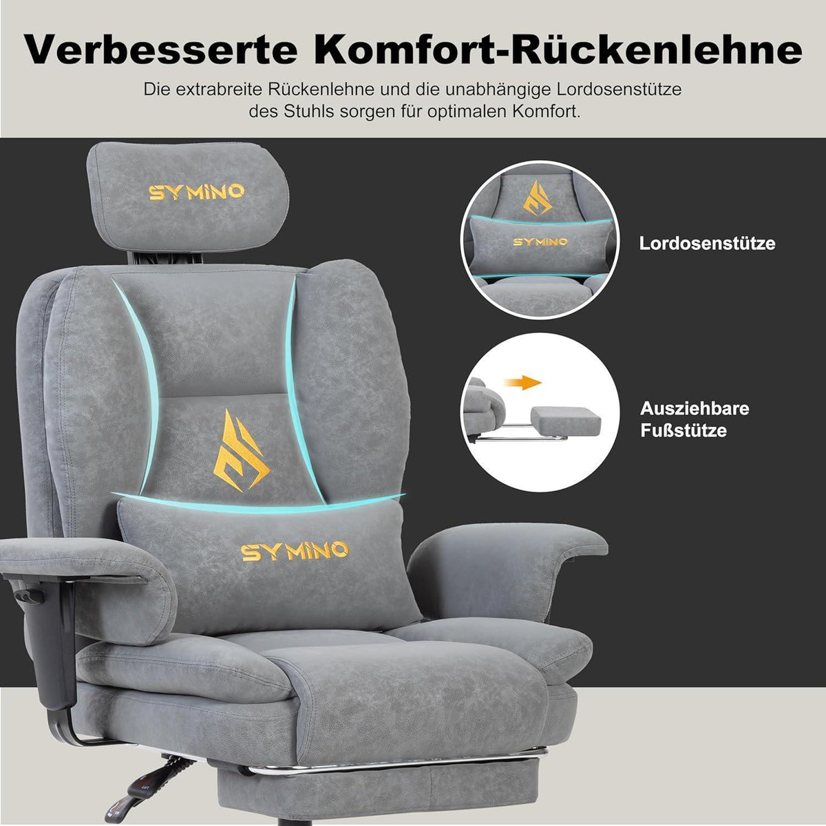 Gaming Stuhl mit Fußstütze, ergonomisch, Vintage-PU-Leder, Grau