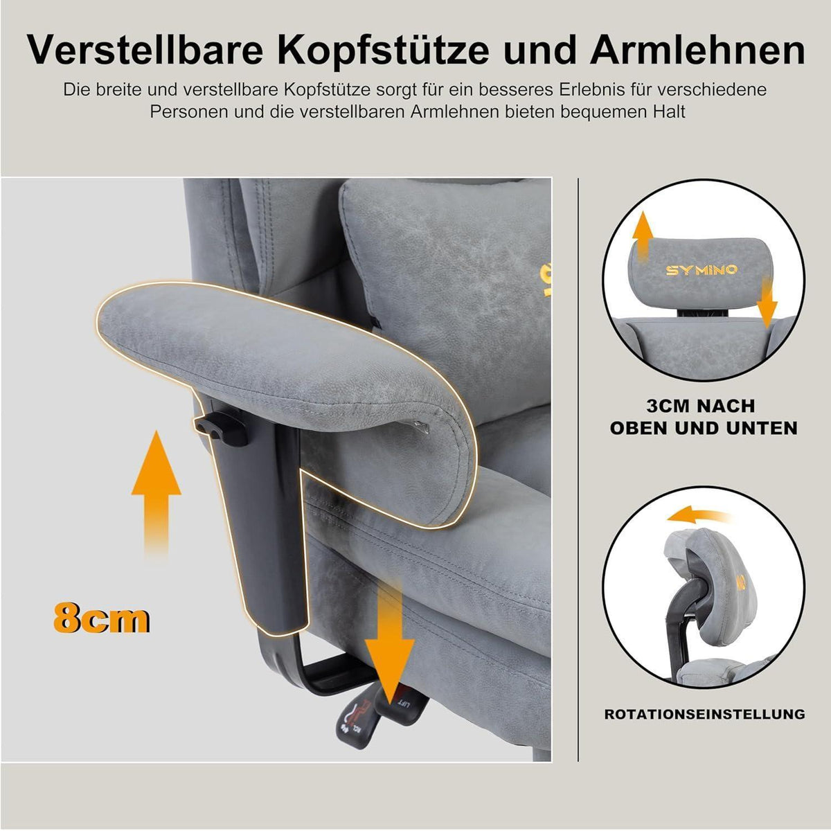 Gaming Stuhl mit Fußstütze, ergonomisch, Vintage-PU-Leder, Grau