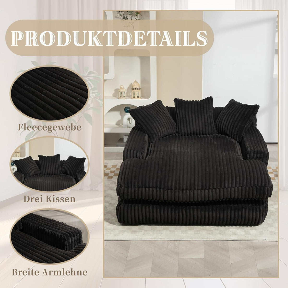 Bequemes Cord Schlafsofa mit Kissen – Wohnzimmer Lounge Sessel Schwarz