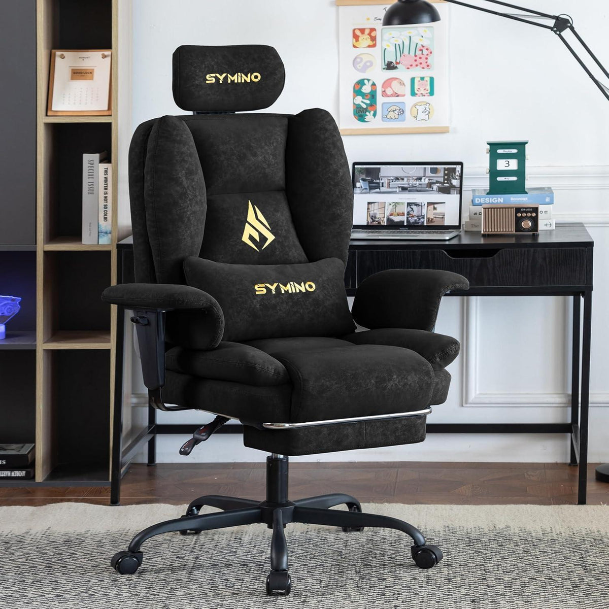 Gaming Stuhl mit Fußstütze, Ergonomisch, Schwarz in Lederoptik