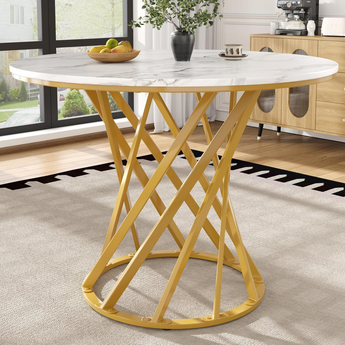 Runder Esstisch 80x80cm Weiß Marmor Optik mit Metallbeinen
