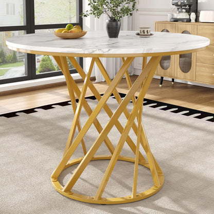 Runder Esstisch 80x80cm Weiß Marmor Optik mit Metallbeinen