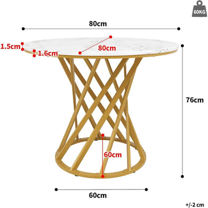 Runder Esstisch 80x80cm Weiß Marmor Optik mit Metallbeinen
