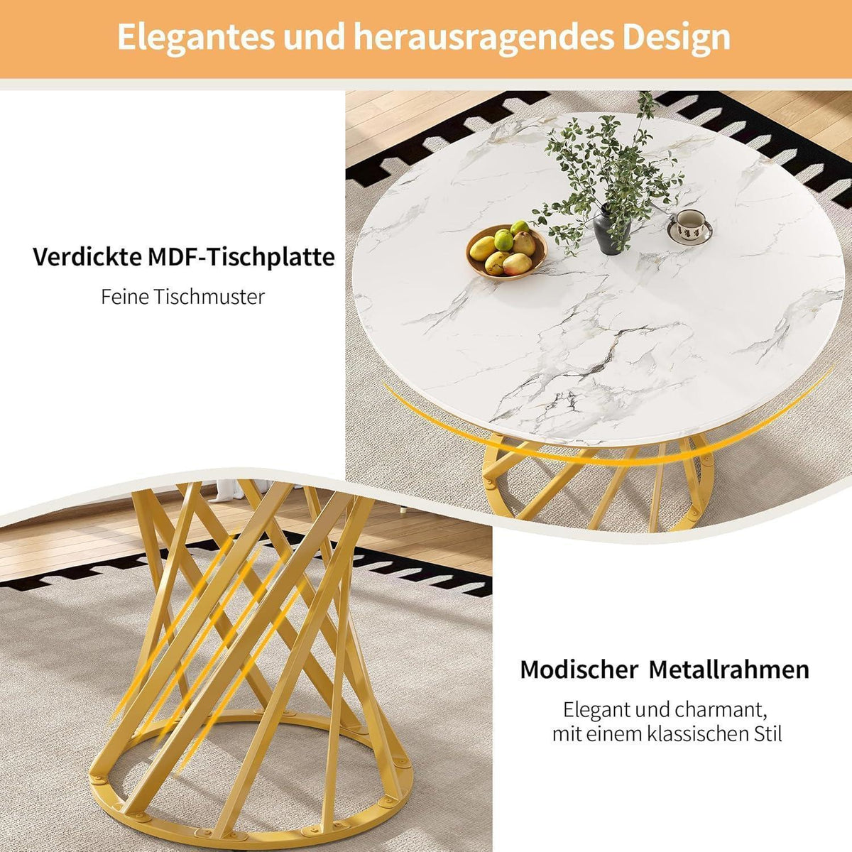 Runder Esstisch 80x80cm Weiß Marmor Optik mit Metallbeinen
