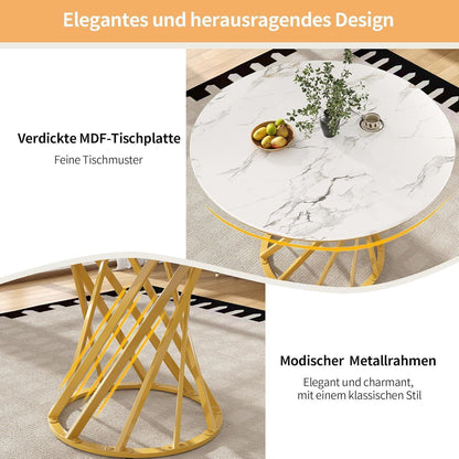 Runder Esstisch 80x80cm Weiß Marmor Optik mit Metallbeinen