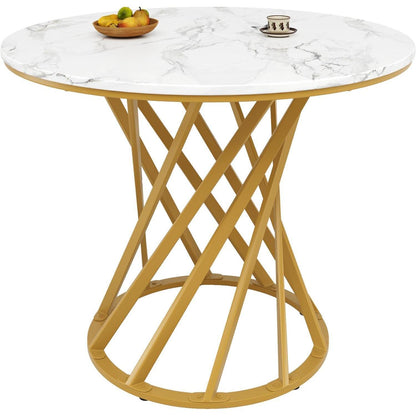 Runder Esstisch 80x80cm Weiß Marmor Optik mit Metallbeinen