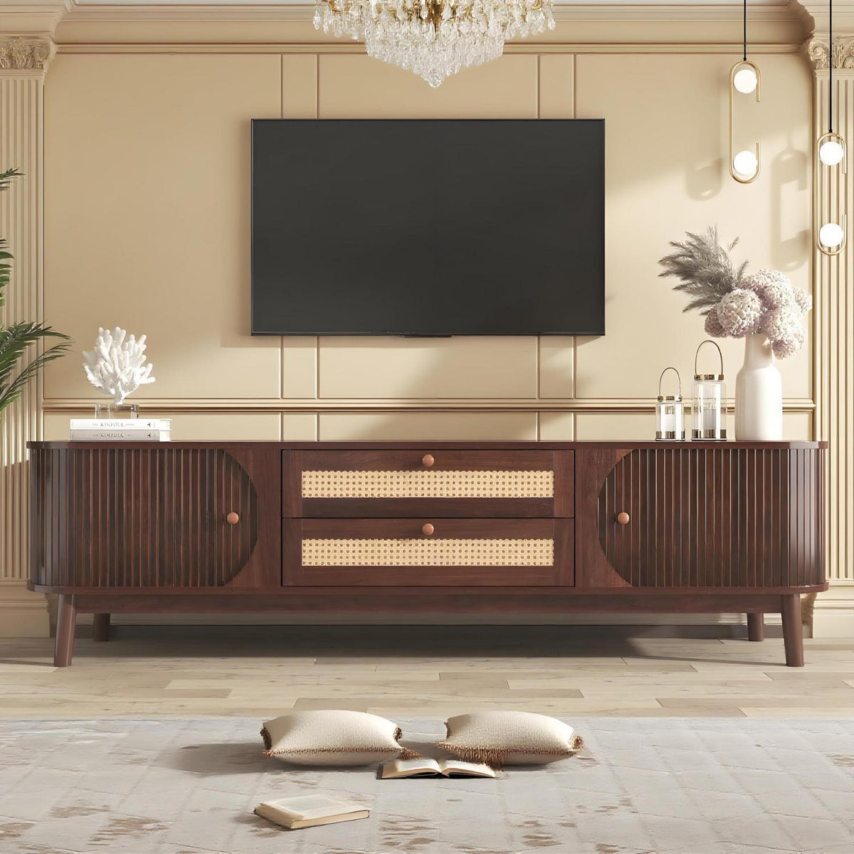 Landhaus TV-Bank Holz mit Rattan Schubladen 170cm