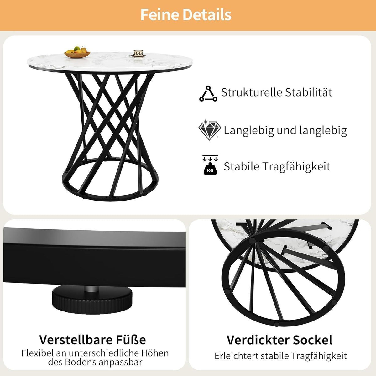 Runder Esstisch Weiß Marmor Optik 80x80cm Modern