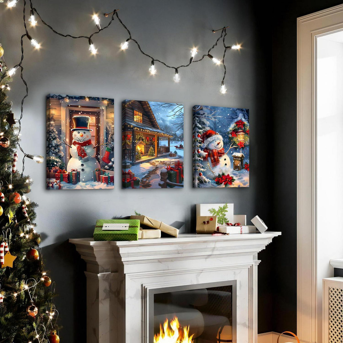 FajerminArt 3Pcs Leinwandbilder Winter Schnee Szene mit Rahmen 40x60cmx3 Rot Schneemann Hütten Beleuchtung Nachtlandschaft Wandkunst Deko Wohnzimmer