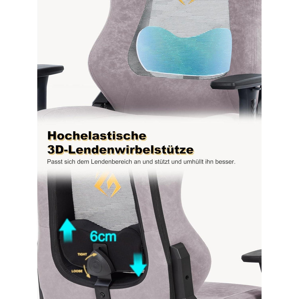 Gaming Stuhl Rosa mit 3D-Lendenwirbelstütze in Lederoptik