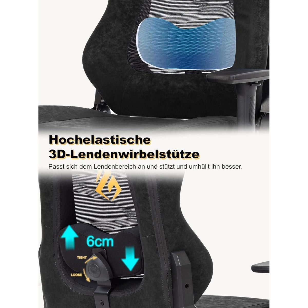 Gaming Stuhl mit atmungsaktiver Rückenlehne & 3D-Lendenstütze