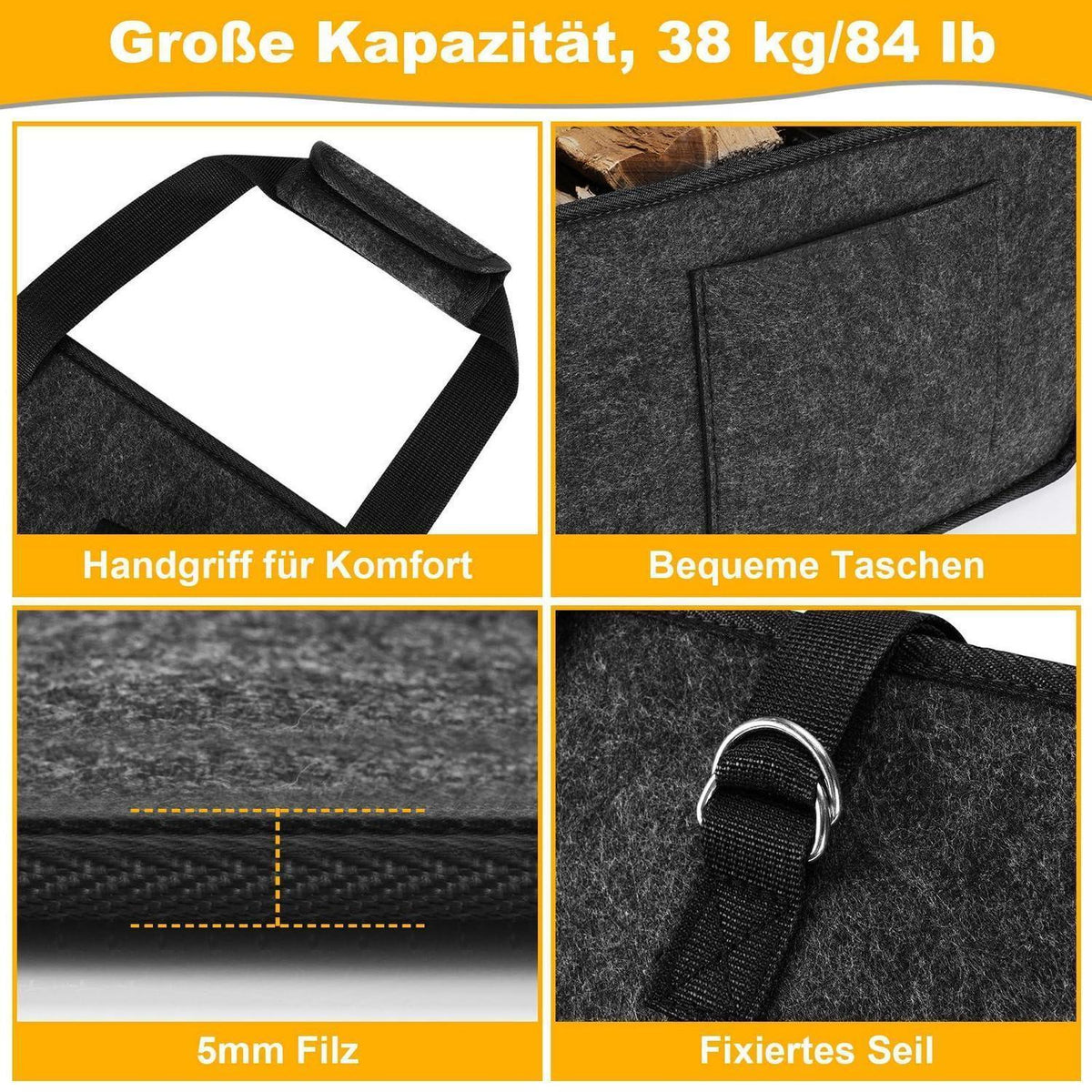 5MM XL Filz Holzkorb Schwarz mit Tragebändern