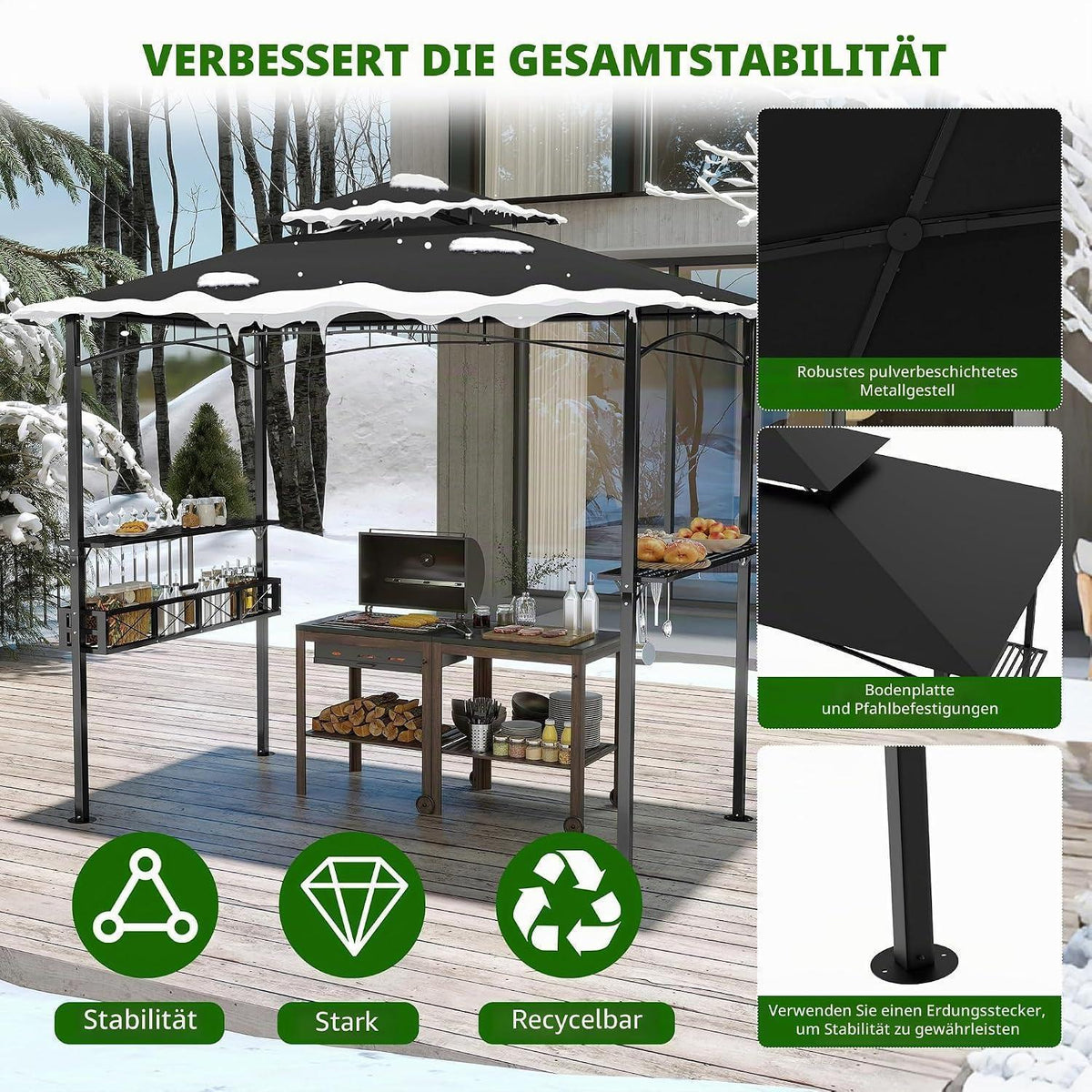 Grillpavillon 244x138 cm mit Bartresen & UV-Schutz Schwarz