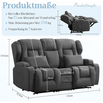 2-Sitzer Relaxsessel mit Liegefunktion & Kinosofa Grau