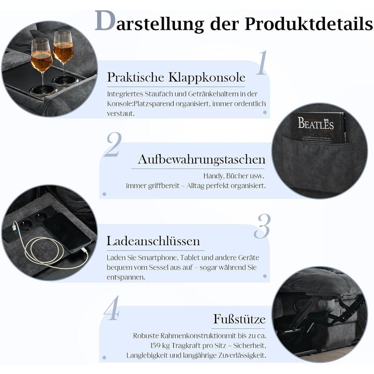 2-Sitzer Relaxsessel mit Liegefunktion & Kinosofa Grau