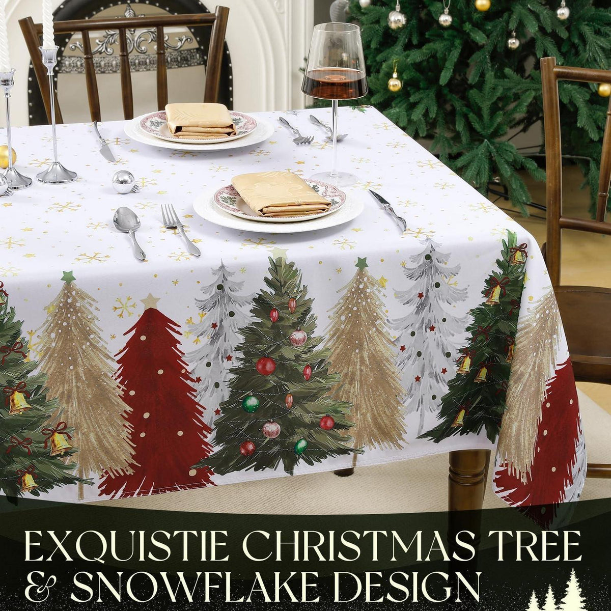 Weihnachtstischdecke Weiß 140x240 cm mit Weihnachtsbaum & Schneeflocke