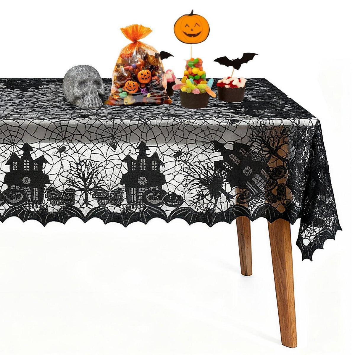 Halloween Tischdecke Schwarz Spitze 135x175 cm Wiederverwendbar