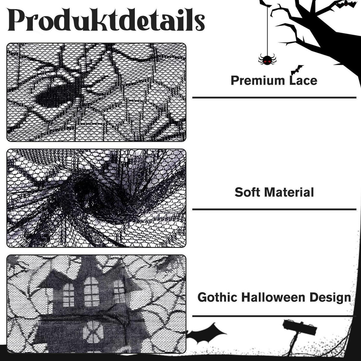 Halloween Tischdecke Schwarz Spitze 135x175 cm Wiederverwendbar