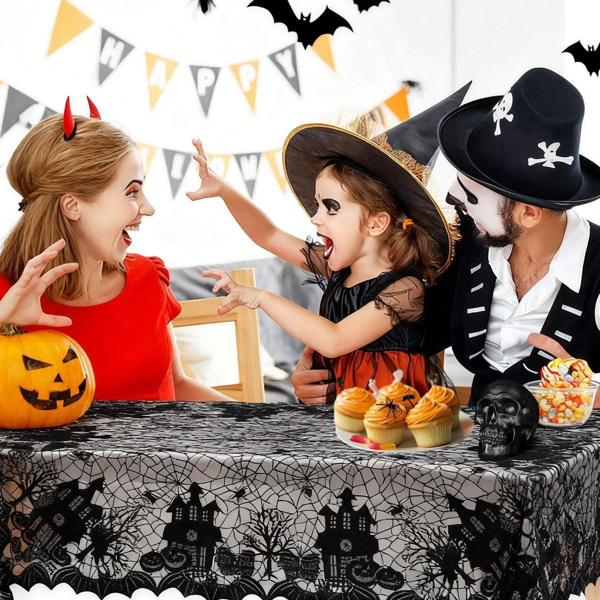Halloween Tischdecke Schwarz Spitze 135x175 cm Wiederverwendbar
