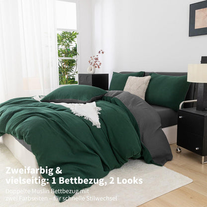 Doppelte Muslin Bettwäsche Dunkelgrün Grau 155x220 cm