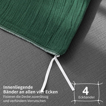 Doppelte Muslin Bettwäsche 200x220 Dunkelgrün Grau – 3-teilig
