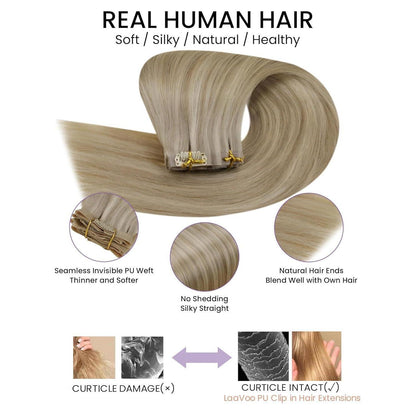 Clip-in Echthaar Extensions Aschblond Highlights 50cm