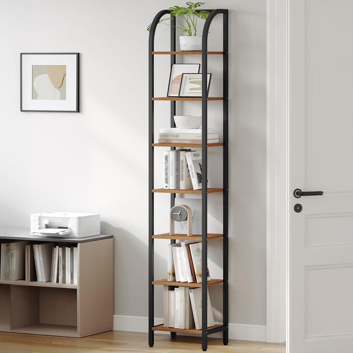 Vintage Bücherregal schmal – Braun-Schwarz, 208,5 cm hoch