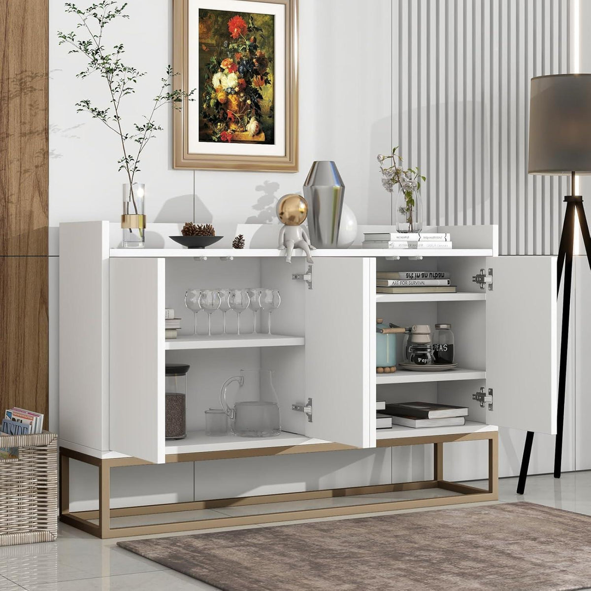 Moderne Anrichte mit 4 Türen & verstellbarem Regal (Weiß)