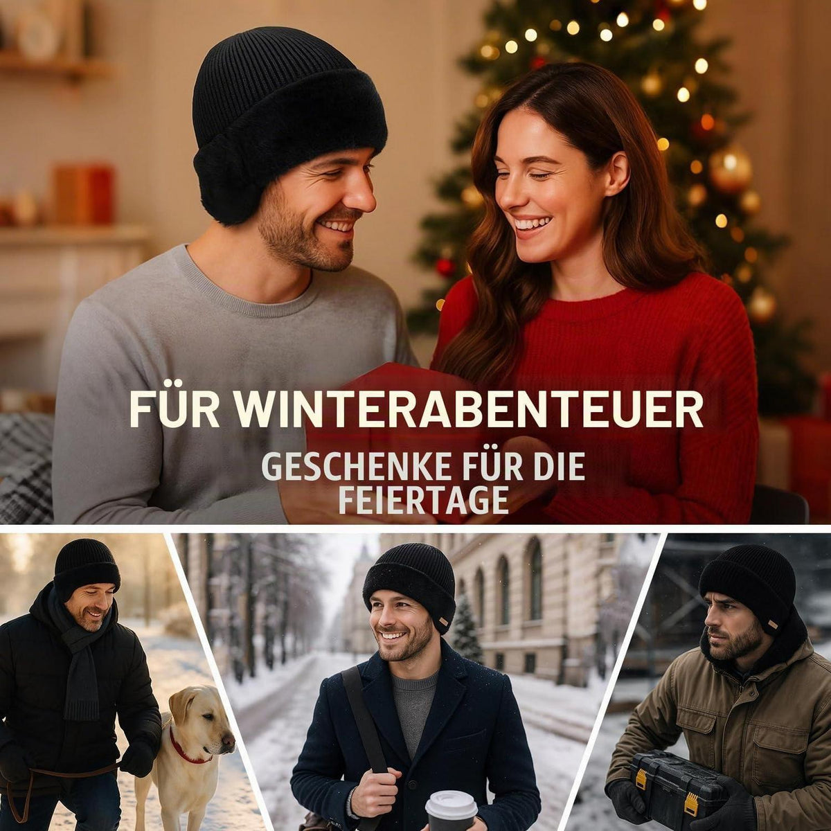 Wasserdichte Thermomütze mit Ohrenklappen – Merino-Wolle Grau XL-XXL