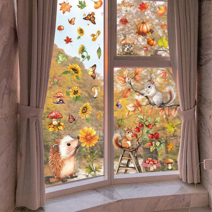 Herbst Fensterbilder Selbstklebend – Fensterdeko mit Eicheln & Eichhörnchen