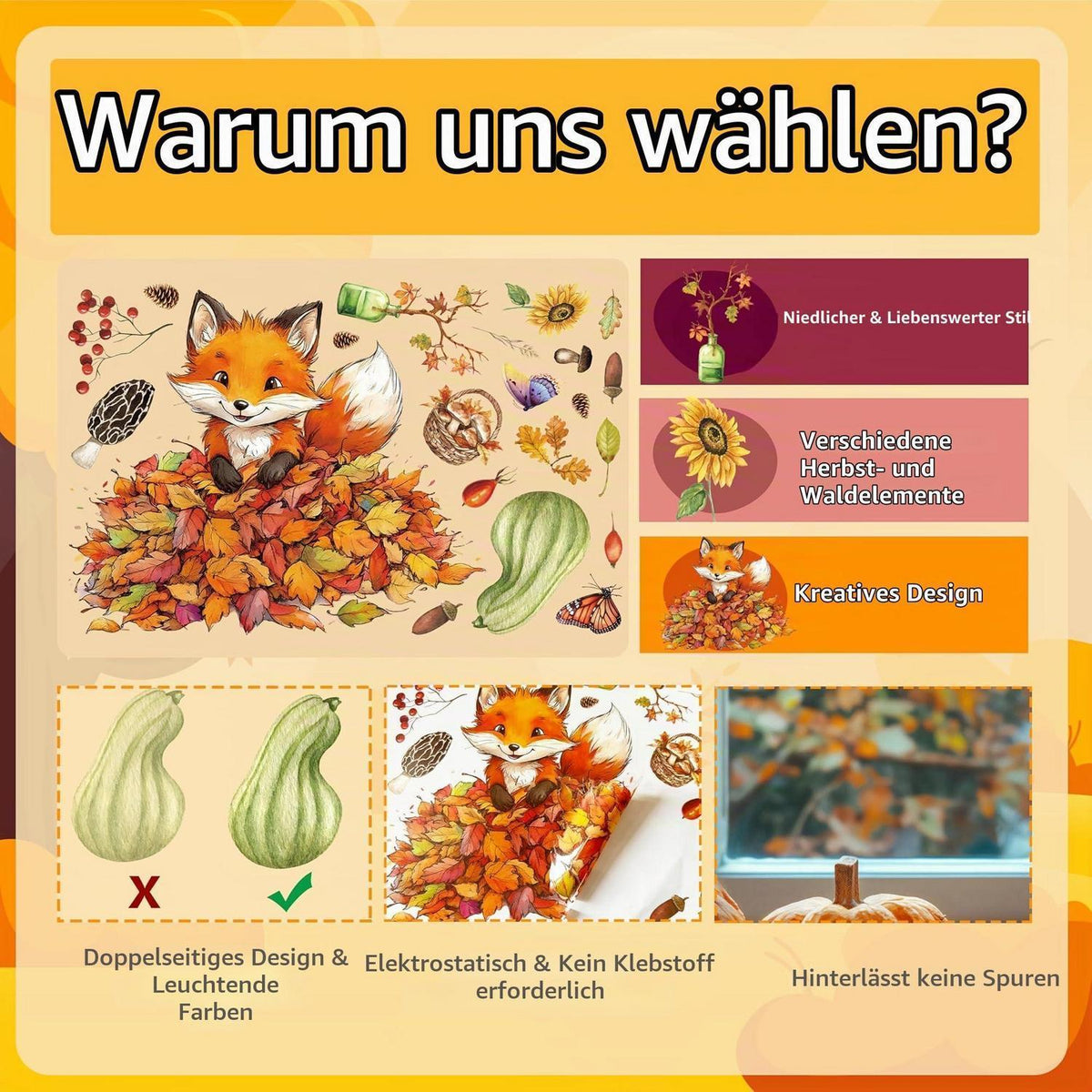 Herbst Fensterbilder Selbstklebend – Fensterdeko mit Eicheln & Eichhörnchen