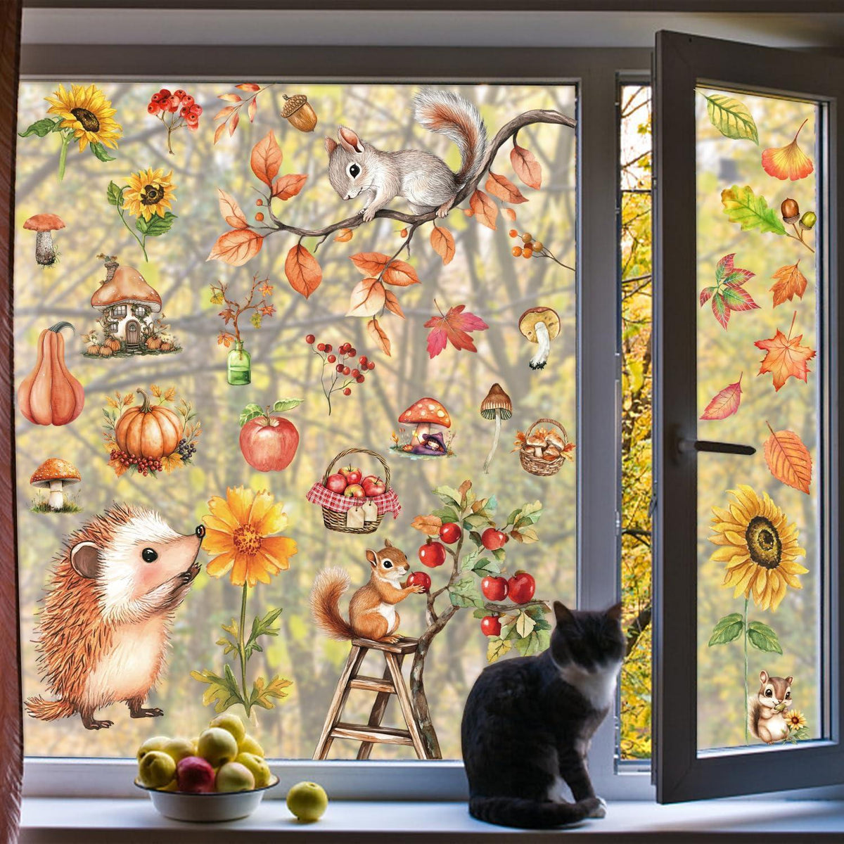 Herbst Fensterbilder Selbstklebend – Fensterdeko mit Eicheln & Eichhörnchen