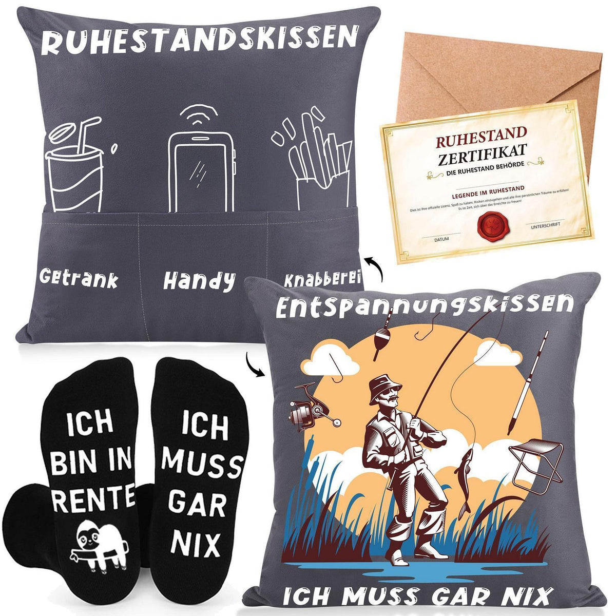 Ruhestand Geschenkset für Männer mit Kissen, Socken & Karte