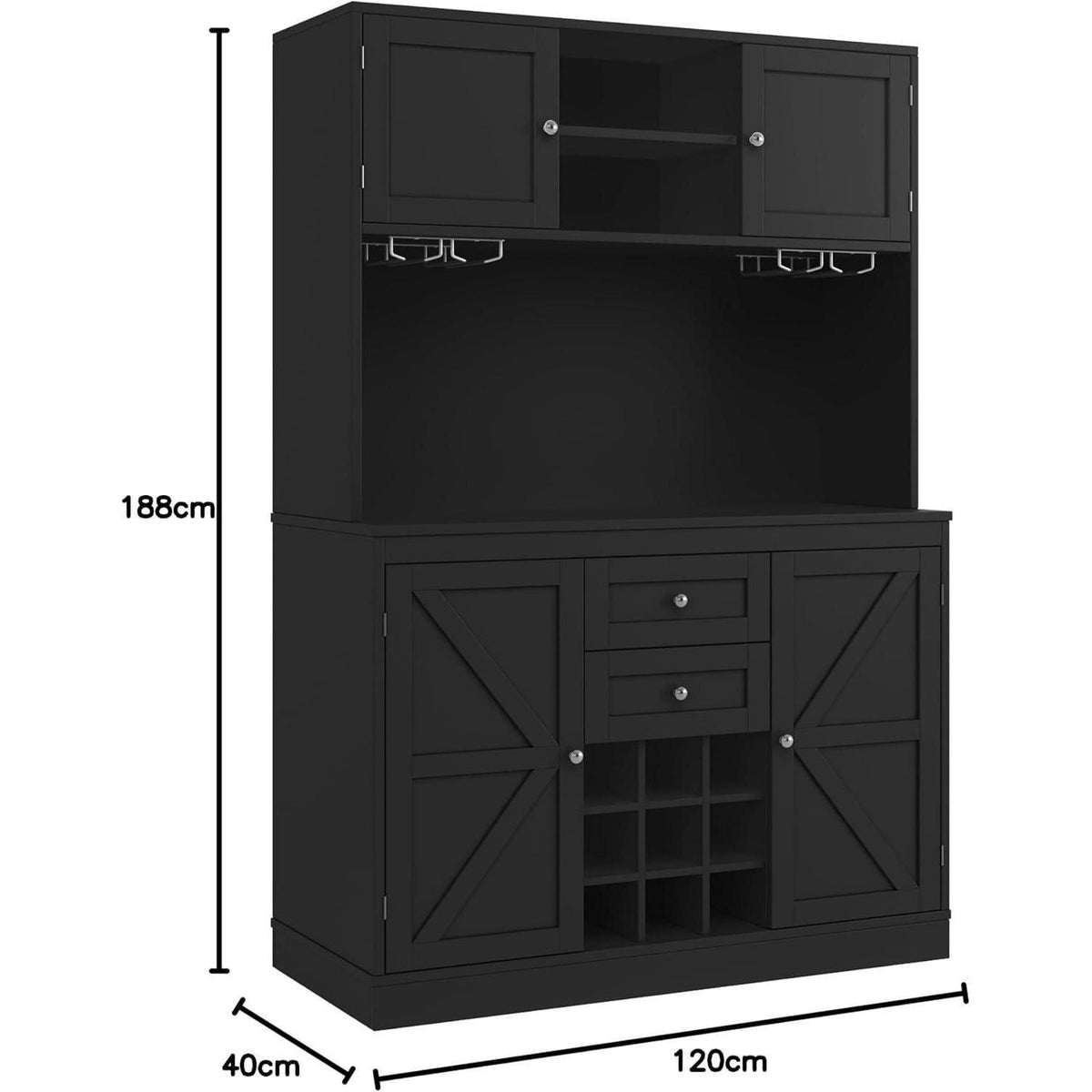 Küchenschrank Schwarz mit Weinregal & Verstellbaren Ablagen (120x40x188cm)