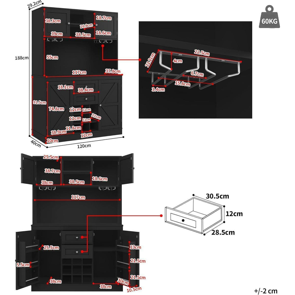 Küchenschrank Schwarz mit Weinregal & Verstellbaren Ablagen (120x40x188cm)