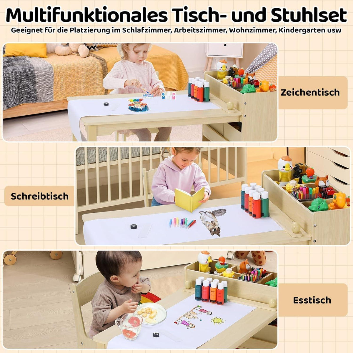Kindertisch mit 2 Stühlen, Maltisch & Basteltisch, Gelb