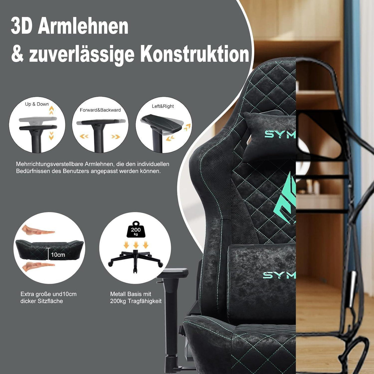 Gaming Stuhl mit Fußstütze und verstellbaren Armlehnen (Grau/Schwarz)