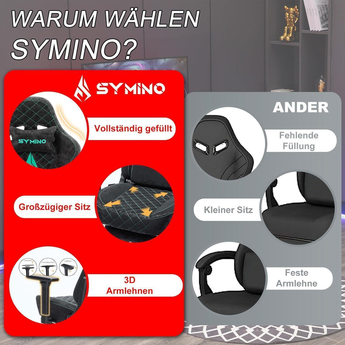 Gaming Stuhl mit Fußstütze und verstellbaren Armlehnen (Grau/Schwarz)