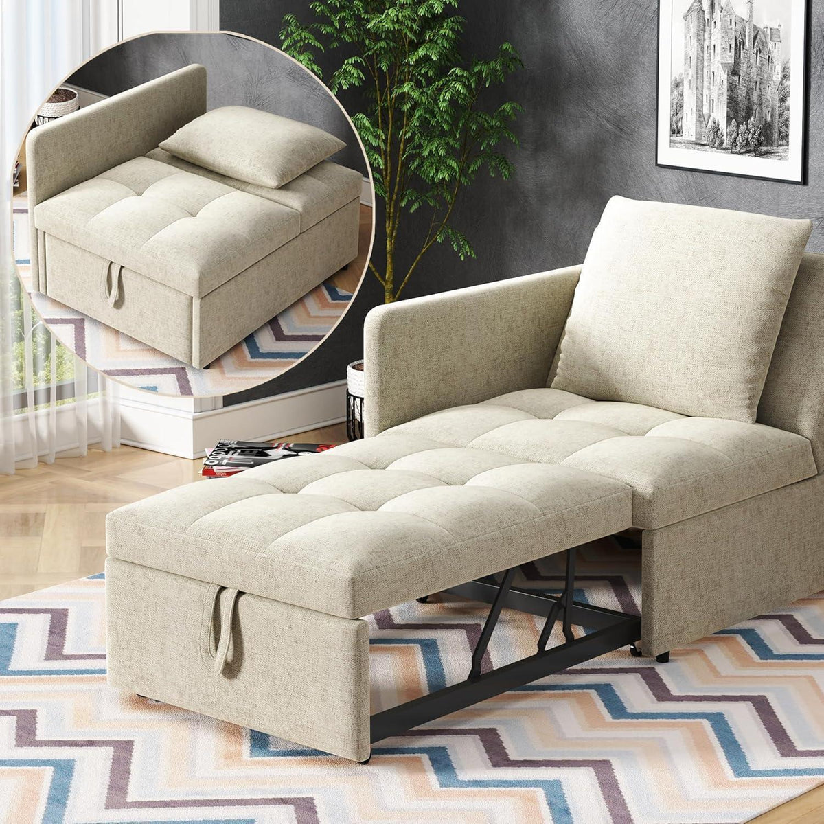 Schlafsofa Klein – 3-in-1 Schlafsessel mit Bettfunktion (Beige)