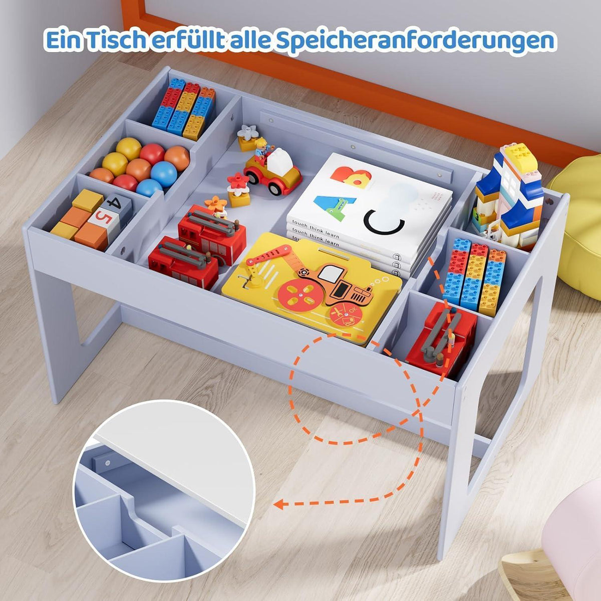 Kindertisch mit 2 Stühlen und Stauraum, wendbare Tischplatte, Blau