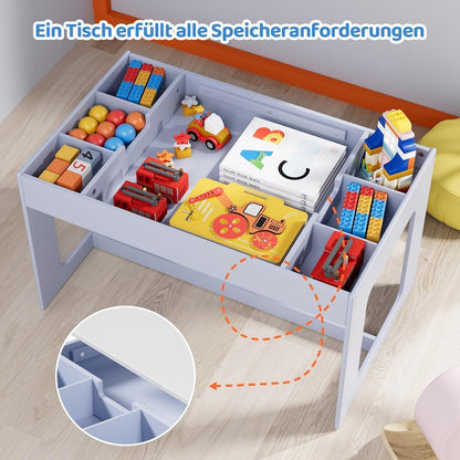 Kindertisch mit 2 Stühlen und Stauraum, wendbare Tischplatte, Blau