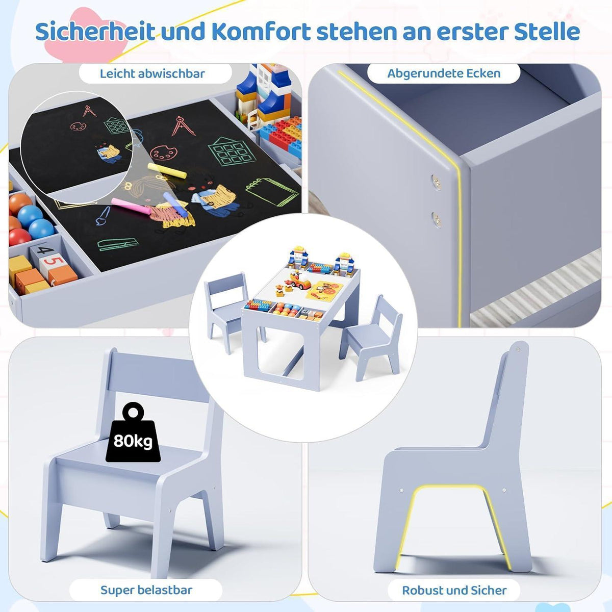 Kindertisch mit 2 Stühlen und Stauraum, wendbare Tischplatte, Blau