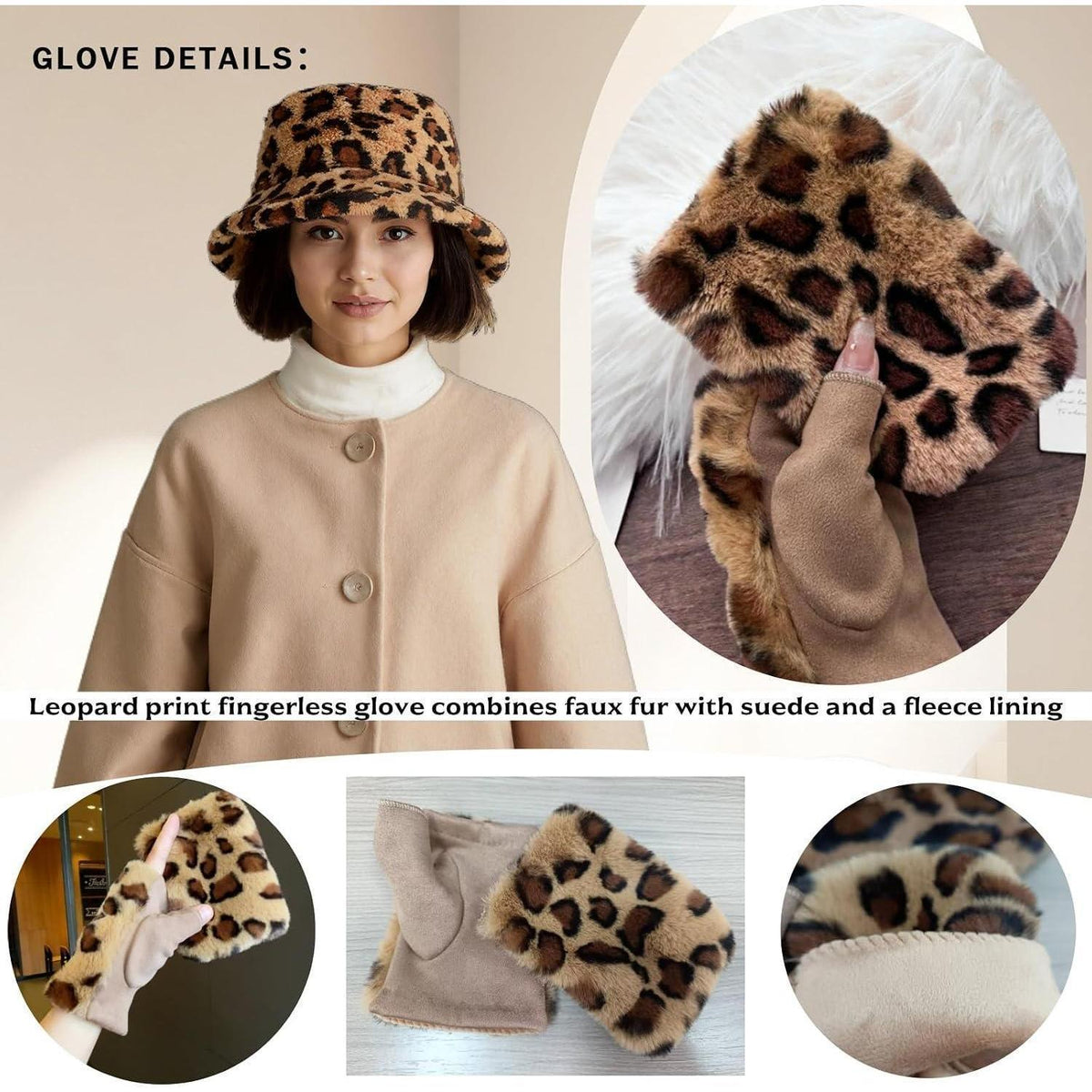 Flauschige Leopardenmütze Damen Winter Set mit Handschuhen