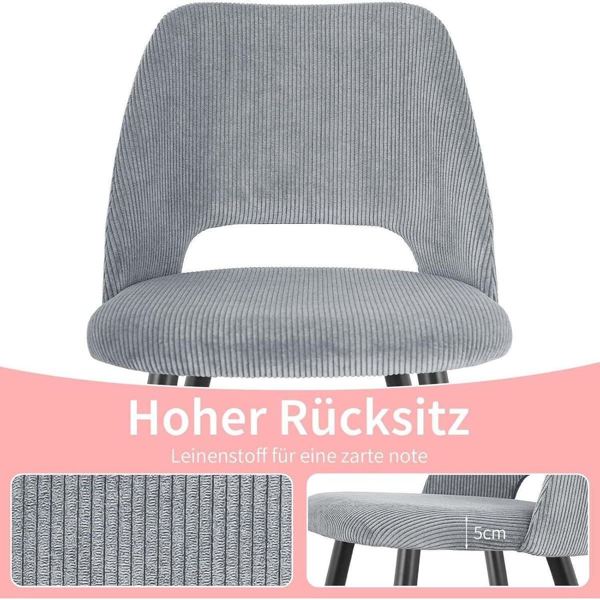 8x Esszimmerstuhl Grau Kordsamt Gepolstert, Ergonomisch & Robust