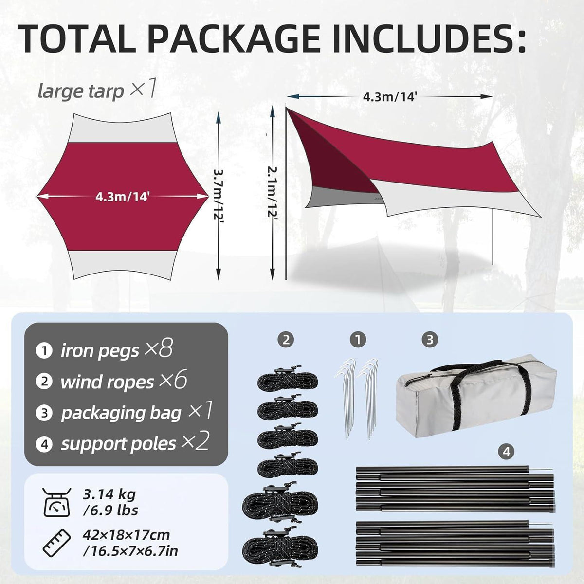 Ultraleichte Camping Tarp 3,7x4,3m wasserdicht & UV-Schutz Rot/Grau