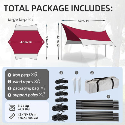 Ultraleichte Camping Tarp 3,7x4,3m wasserdicht & UV-Schutz Rot/Grau