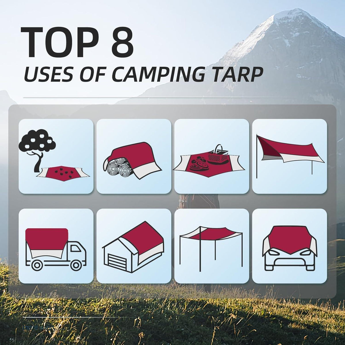 Ultraleichte Camping Tarp 3,7x4,3m wasserdicht & UV-Schutz Rot/Grau