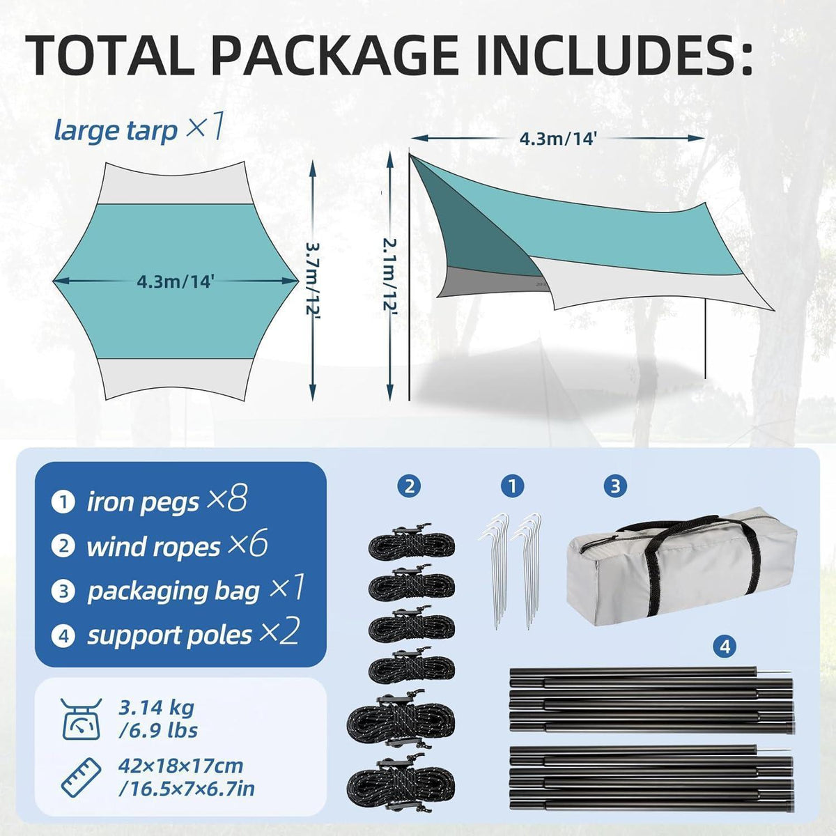 Ultraleichtes Tarp 3,7x4,3m wasserdicht & UV-Schutz Türkis/Grau